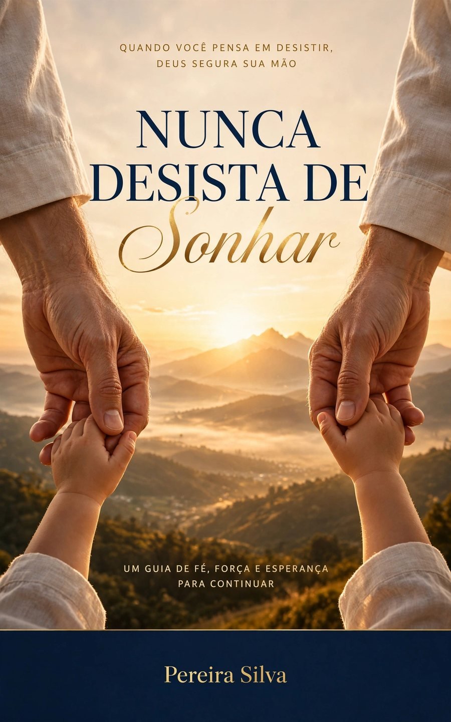 Capa do e-book Nunca Desista de Sonhar, de Pereira Silva: mãos de um adulto segurando as mãos de uma criança diante de um amanhecer nas montanhas
